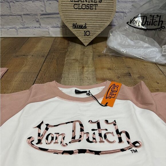 Von Dutch Raglan Embroidered Cropped Sweat Top Sz Large Dirty Pink NWT - Picture 2 of 11